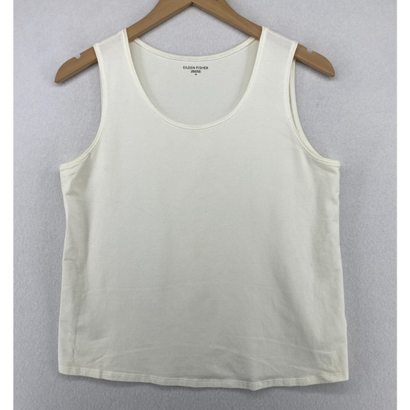 EILEEN FISHER Tank Top M Stretch Organic Cotton Jersey Scoop Neck Ivory USA - Picture 1 of 11